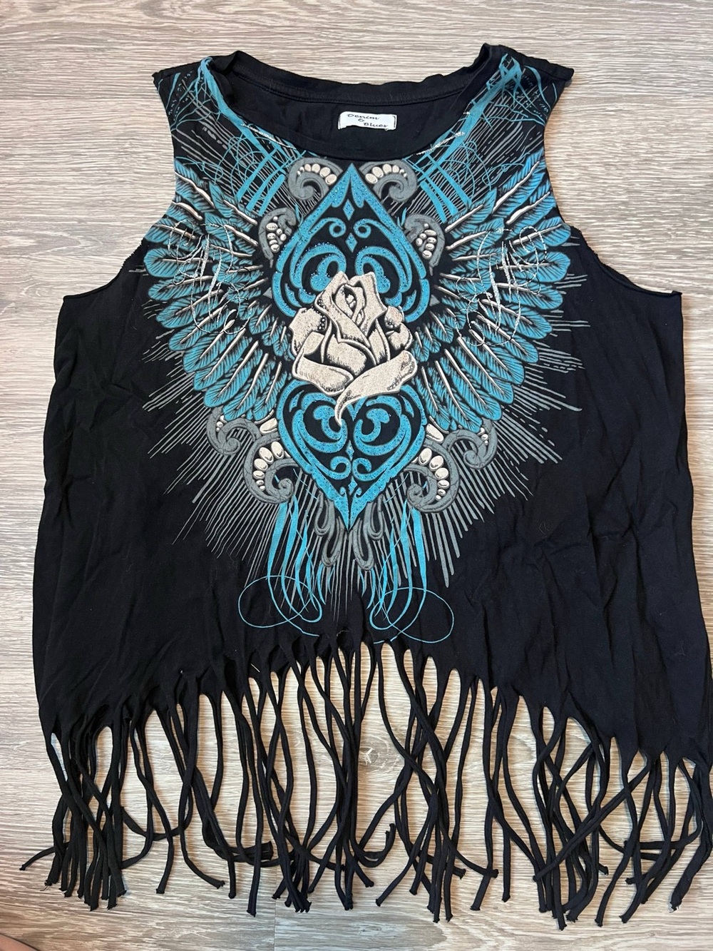 Fringed Black Graphic Tank Top with Teal & Cream Crest